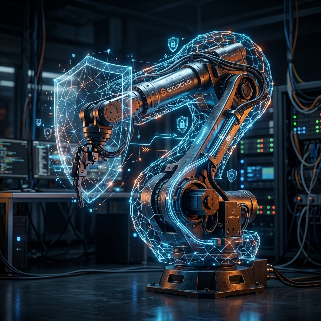 Visual representation of software trust and security layer wrapping around a robot arm